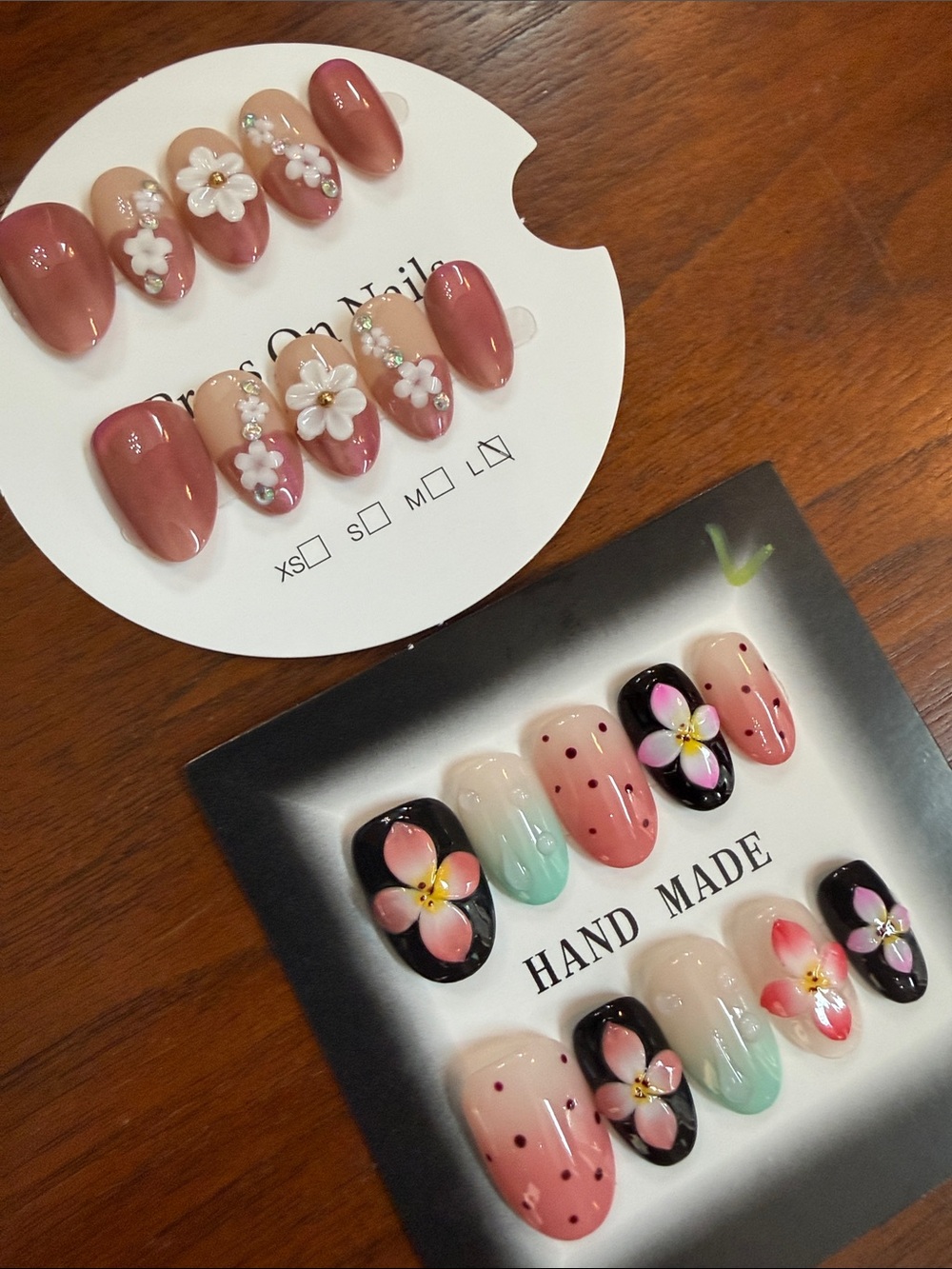 Floral Pink & Nude Press-On Nails Set -  bundle of two - large